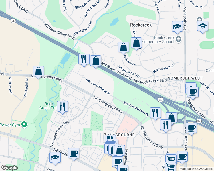 map of restaurants, bars, coffee shops, grocery stores, and more near 3400 Northwest John Olsen Place in Hillsboro