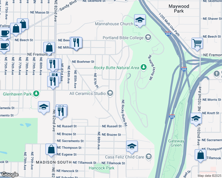map of restaurants, bars, coffee shops, grocery stores, and more near 3105 Northeast 89th Avenue in Portland
