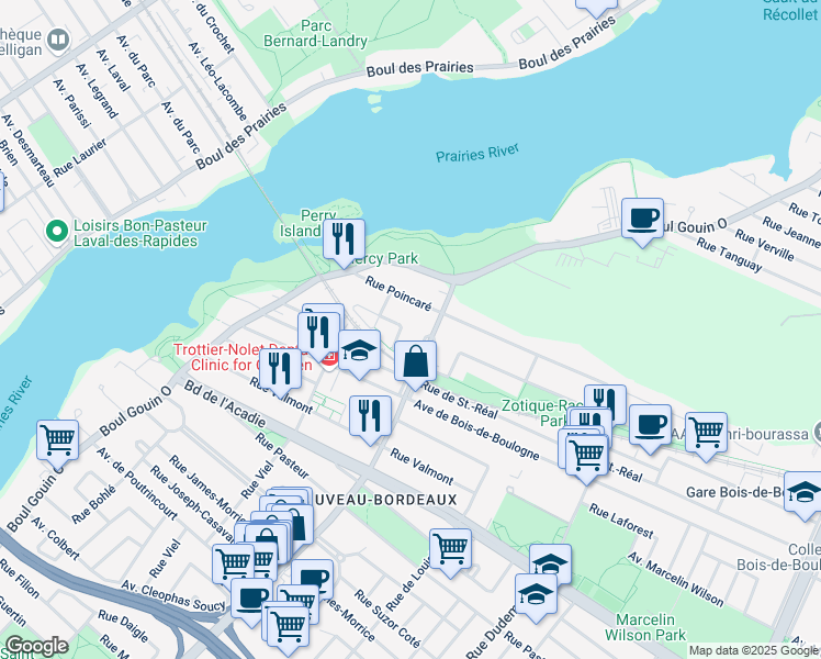map of restaurants, bars, coffee shops, grocery stores, and more near 12035 Rue Deschamps in Montréal