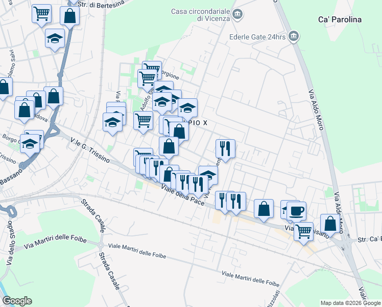 map of restaurants, bars, coffee shops, grocery stores, and more near 96 Via Arnaldo Tornieri in Vicenza