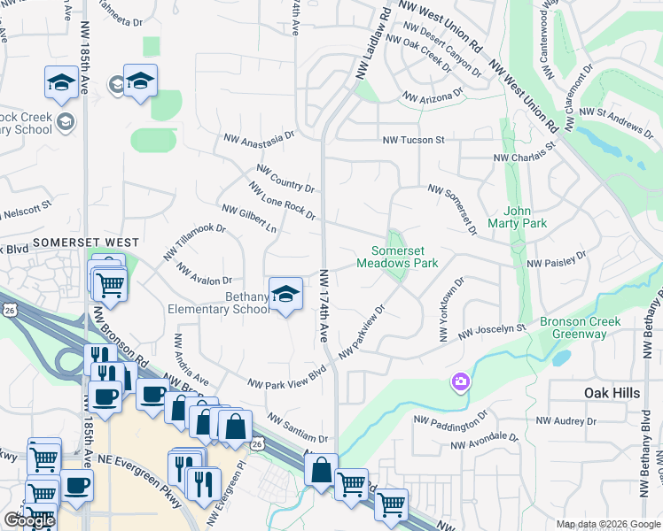 map of restaurants, bars, coffee shops, grocery stores, and more near 3448 Northwest Ashland Drive in Beaverton