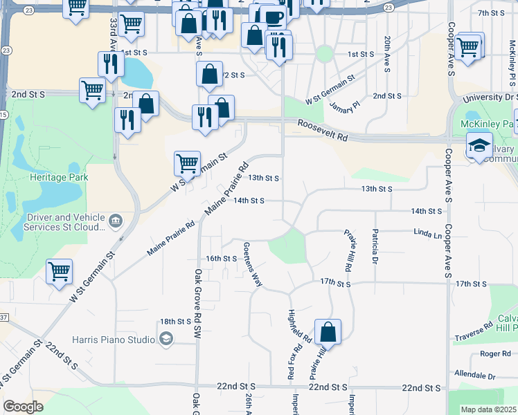map of restaurants, bars, coffee shops, grocery stores, and more near 2600 14th Street South in St. Cloud