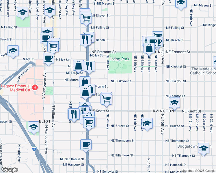 map of restaurants, bars, coffee shops, grocery stores, and more near Northeast 7th Avenue & Northeast Morris Street in Portland