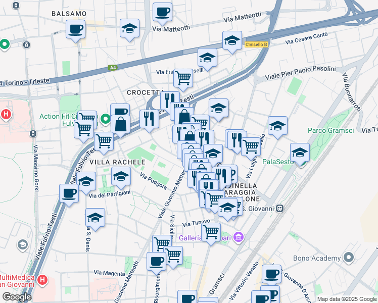 map of restaurants, bars, coffee shops, grocery stores, and more near 30 Via Vincenzo Monti in Sesto San Giovanni