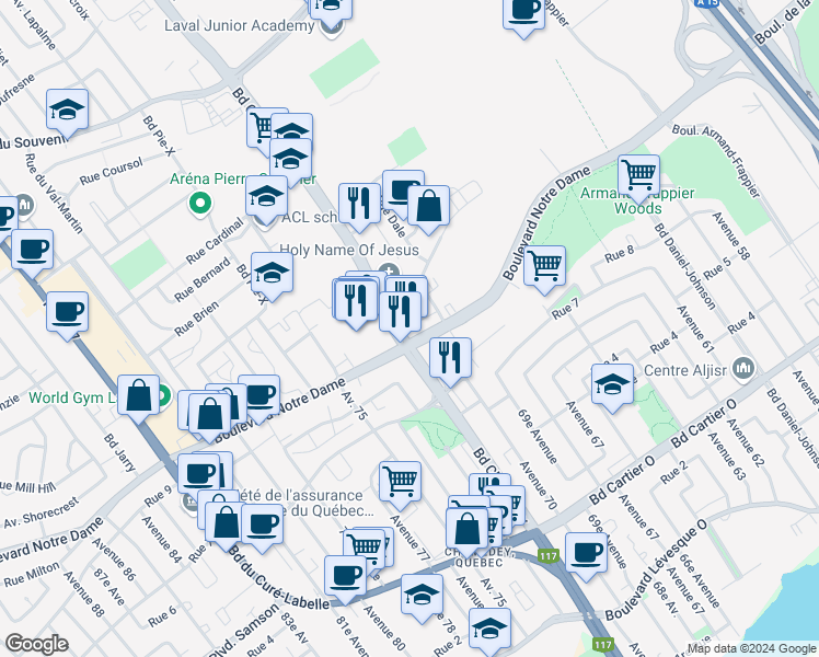 map of restaurants, bars, coffee shops, grocery stores, and more near 805 Boulevard Chomedey in Laval