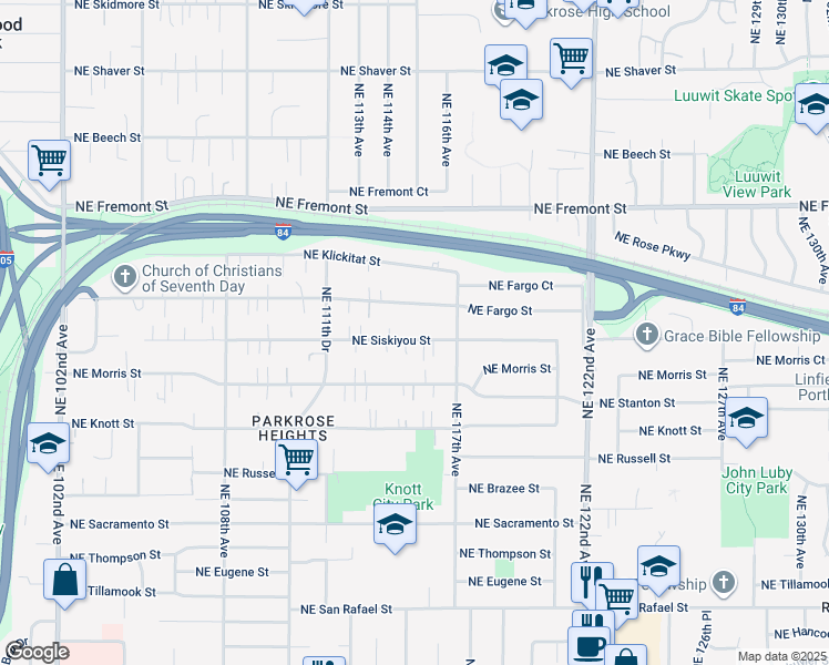 map of restaurants, bars, coffee shops, grocery stores, and more near 11521 Northeast Siskiyou Street in Portland