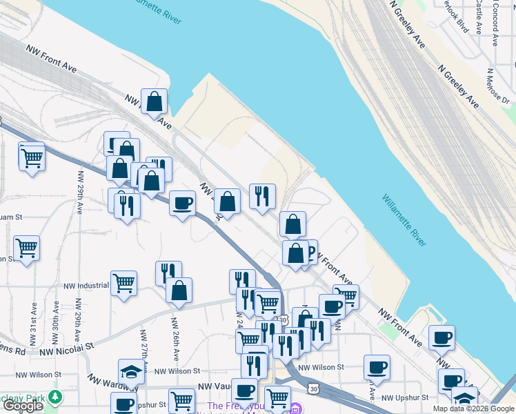 map of restaurants, bars, coffee shops, grocery stores, and more near 3125 Northwest Front Avenue in Portland
