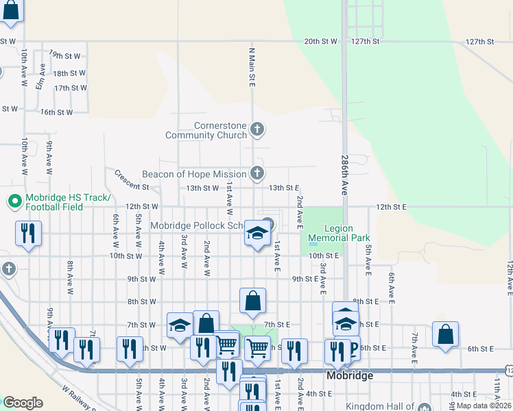 map of restaurants, bars, coffee shops, grocery stores, and more near 308 North Main Street East in Mobridge