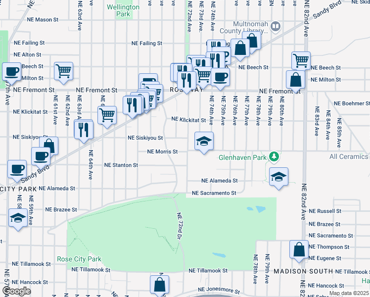 map of restaurants, bars, coffee shops, grocery stores, and more near 3003 Northeast 72nd Avenue in Portland