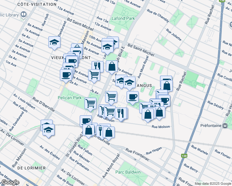 map of restaurants, bars, coffee shops, grocery stores, and more near 4820 4e Avenue in Montréal