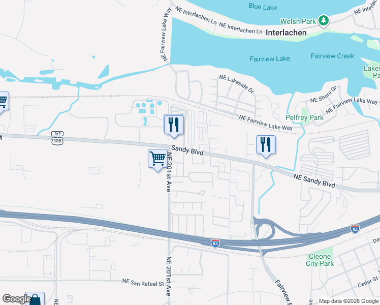 map of restaurants, bars, coffee shops, grocery stores, and more near 20140 Northeast Sandy Boulevard in Fairview