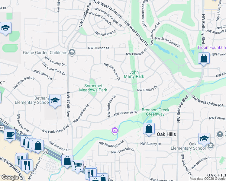 map of restaurants, bars, coffee shops, grocery stores, and more near 16768 Northwest Paisley Drive in Beaverton