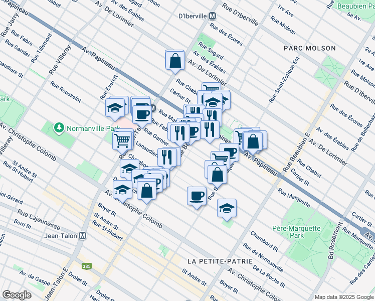 map of restaurants, bars, coffee shops, grocery stores, and more near 1460 Rue Bernard Ouest in Montréal