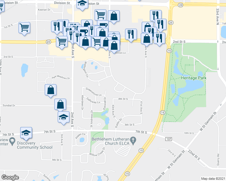 map of restaurants, bars, coffee shops, grocery stores, and more near 307 Waite Avenue South in St. Cloud