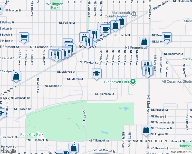 map of restaurants, bars, coffee shops, grocery stores, and more near 7315 Northeast Siskiyou Street in Portland