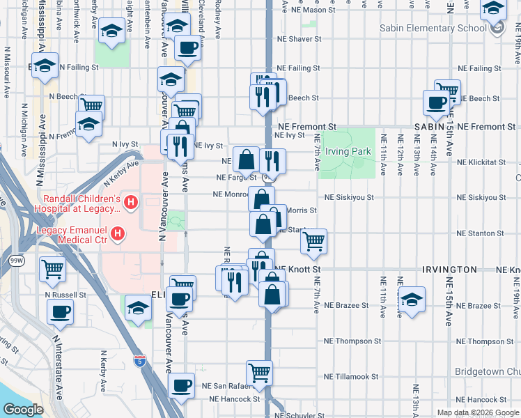 map of restaurants, bars, coffee shops, grocery stores, and more near 306 Northeast Morris Street in Portland