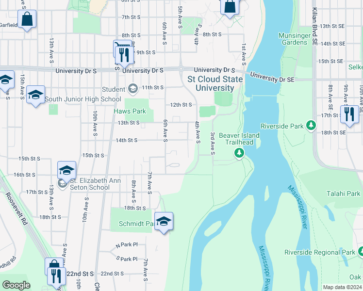 map of restaurants, bars, coffee shops, grocery stores, and more near 520 14th Street South in St. Cloud