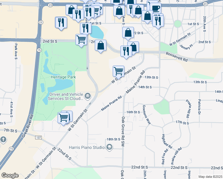 map of restaurants, bars, coffee shops, grocery stores, and more near 3040 West Saint Germain Street in St. Cloud