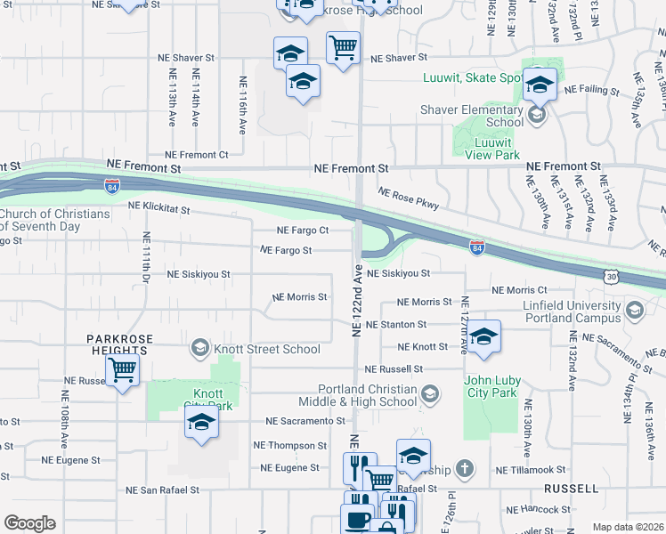map of restaurants, bars, coffee shops, grocery stores, and more near 3103 Northeast 122nd Avenue Frontage Road in Portland