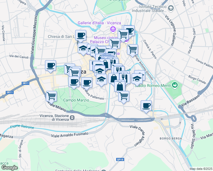map of restaurants, bars, coffee shops, grocery stores, and more near Contrà delle Grazie in Vicenza