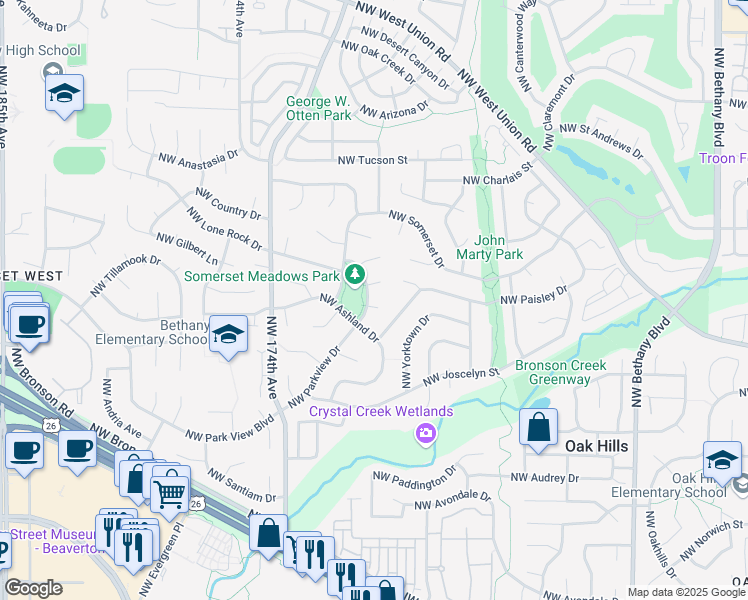 map of restaurants, bars, coffee shops, grocery stores, and more near 3470 Northwest Parkview Drive in Beaverton