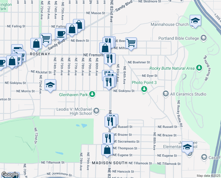 map of restaurants, bars, coffee shops, grocery stores, and more near 3103 Northeast 82nd Avenue in Portland