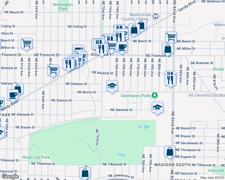 map of restaurants, bars, coffee shops, grocery stores, and more near 7315 Northeast Siskiyou Street in Portland