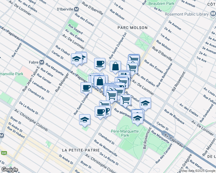 map of restaurants, bars, coffee shops, grocery stores, and more near 6627 Rue Cartier in Montréal