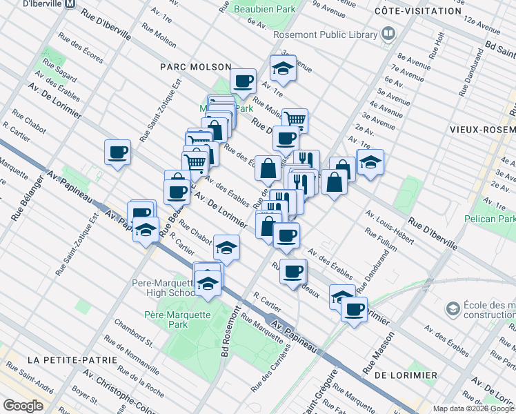 map of restaurants, bars, coffee shops, grocery stores, and more near 6051 Avenue des Érables in Montréal