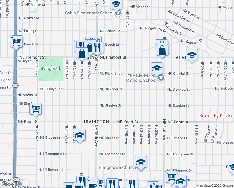 map of restaurants, bars, coffee shops, grocery stores, and more near 3023 Northeast 18th Avenue in Portland