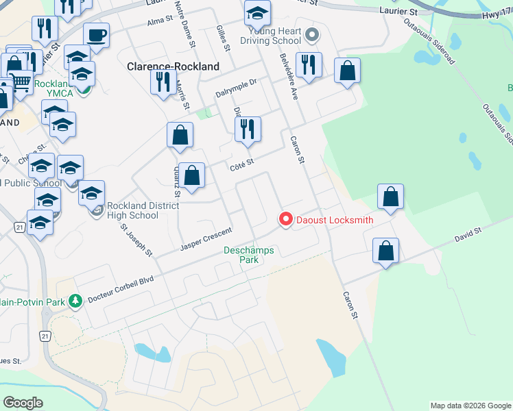 map of restaurants, bars, coffee shops, grocery stores, and more near 270 Mica Crescent in Clarence-Rockland