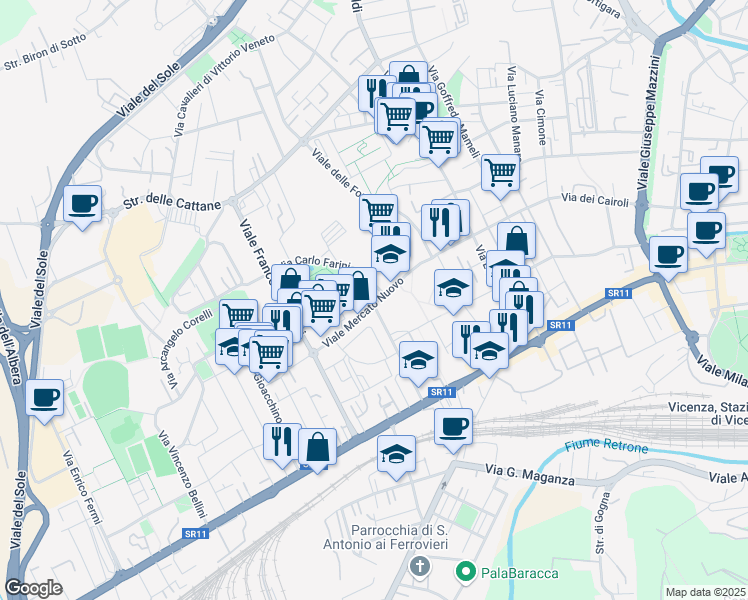 map of restaurants, bars, coffee shops, grocery stores, and more near 40 Viale Mercato Nuovo in Vicenza