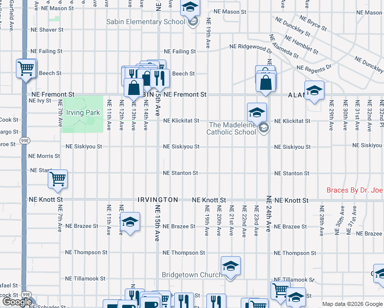 map of restaurants, bars, coffee shops, grocery stores, and more near 3023 Northeast 18th Avenue in Portland