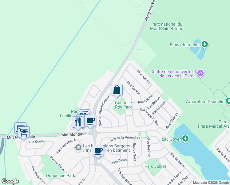 map of restaurants, bars, coffee shops, grocery stores, and more near 2 Rue Juliette-Béliveau in Saint-Bruno-de-Montarville