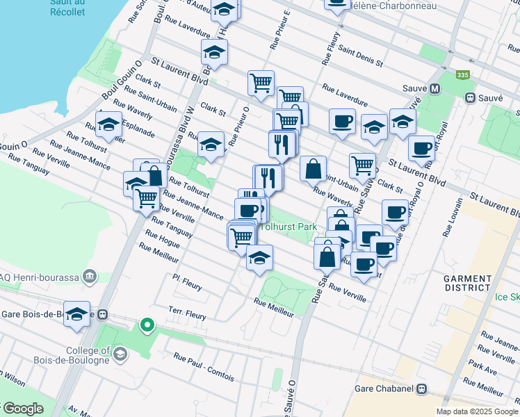 map of restaurants, bars, coffee shops, grocery stores, and more near 241 Rue Fleury Ouest in Montréal