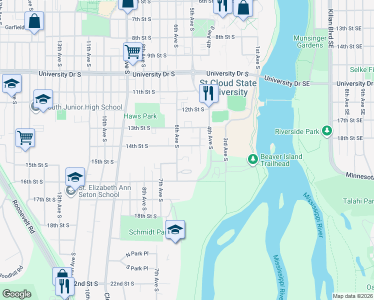 map of restaurants, bars, coffee shops, grocery stores, and more near 520 14th Street South in St. Cloud