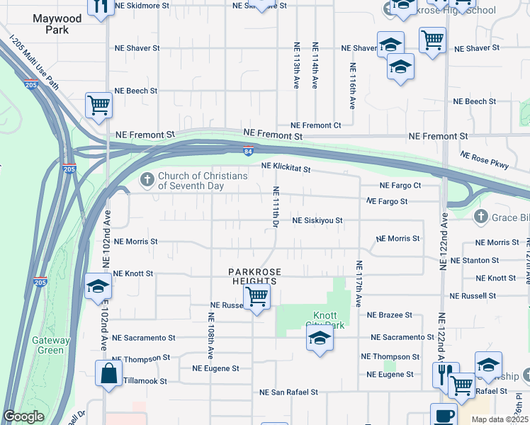 map of restaurants, bars, coffee shops, grocery stores, and more near 11121 Northeast Siskiyou Street in Portland