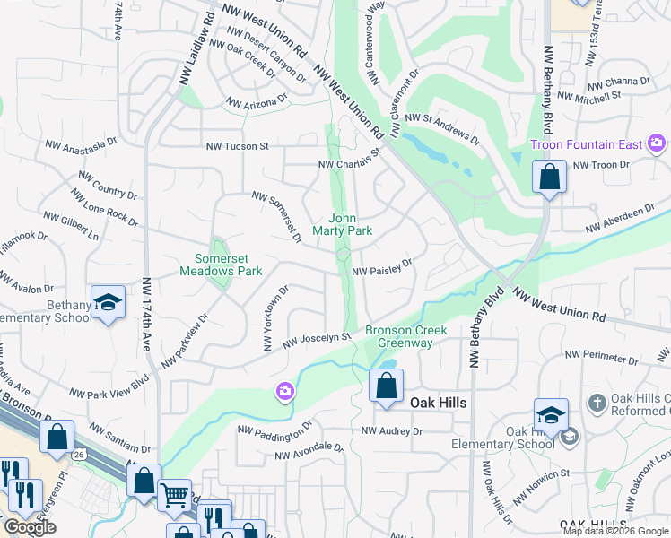map of restaurants, bars, coffee shops, grocery stores, and more near 16505 Northwest Paisley Drive in Beaverton