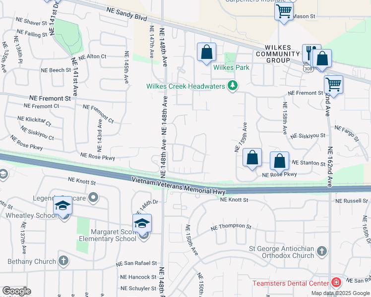 map of restaurants, bars, coffee shops, grocery stores, and more near 15014 Northeast Rose Parkway in Portland