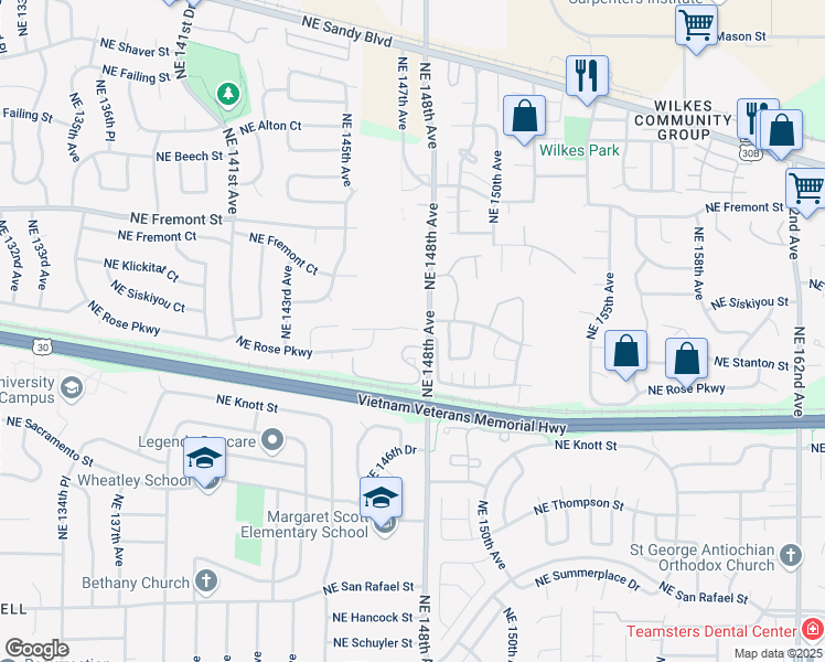 map of restaurants, bars, coffee shops, grocery stores, and more near 14753 Northeast Stanton Court in Portland