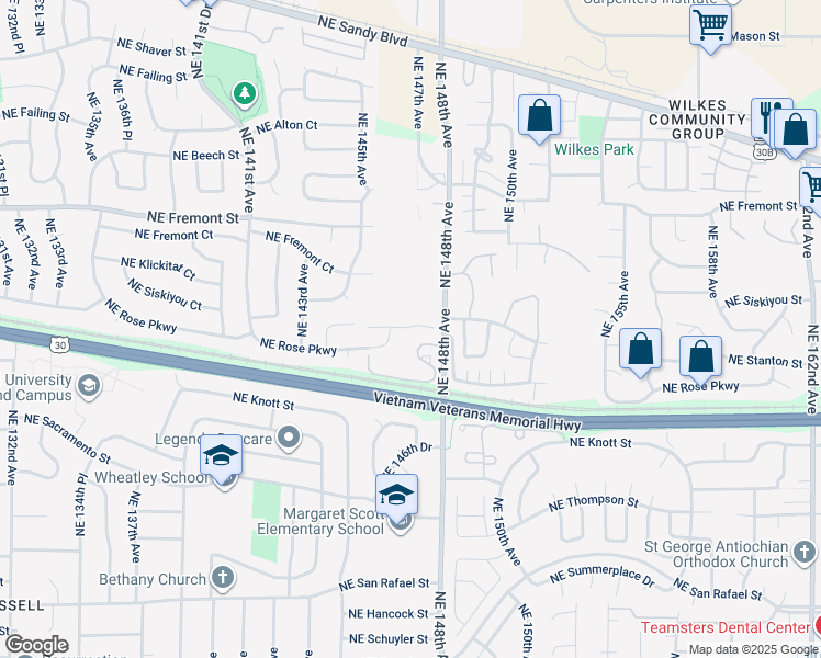 map of restaurants, bars, coffee shops, grocery stores, and more near 14753 Northeast Stanton Court in Portland