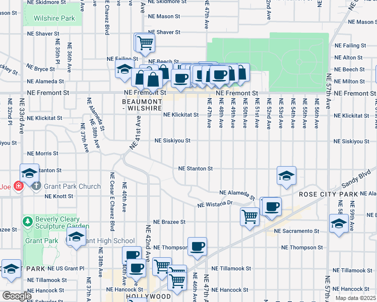 map of restaurants, bars, coffee shops, grocery stores, and more near 2947 Northeast 46th Avenue in Portland