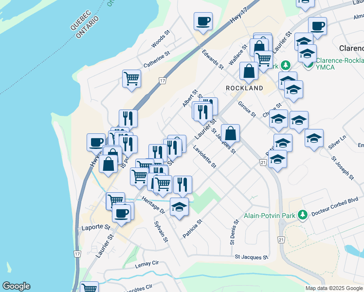 map of restaurants, bars, coffee shops, grocery stores, and more near 2539 Laurier Street in Clarence-Rockland