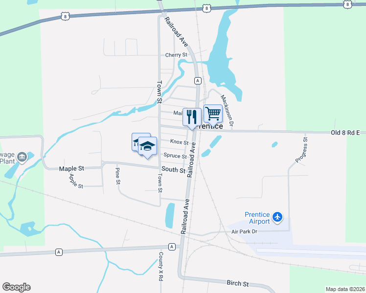 map of restaurants, bars, coffee shops, grocery stores, and more near 624 Spruce Street in Prentice