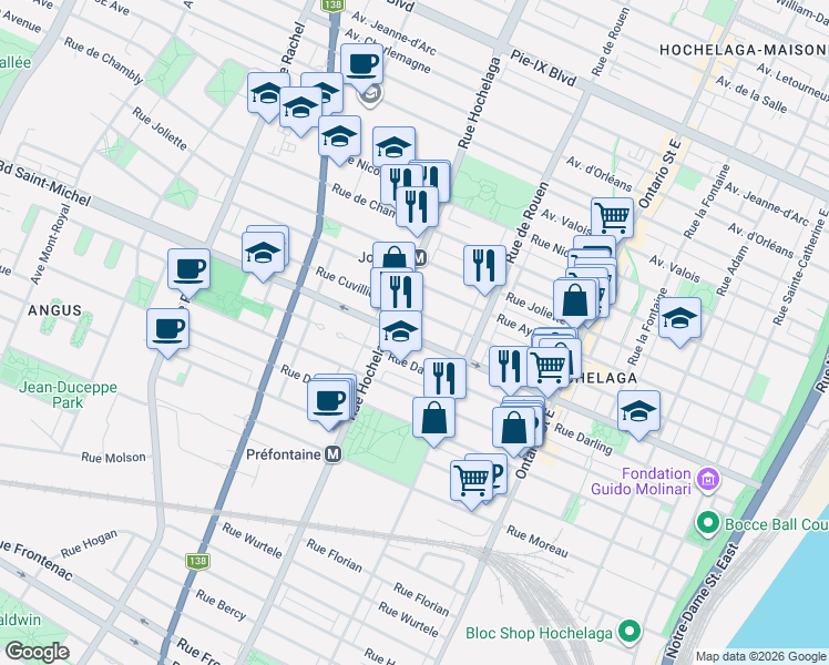 map of restaurants, bars, coffee shops, grocery stores, and more near 2409 Rue Davidson in Montréal