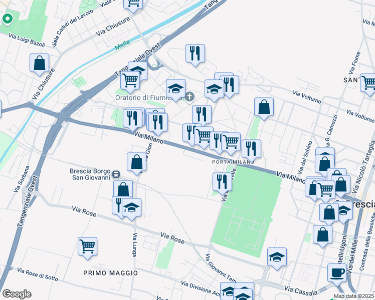 map of restaurants, bars, coffee shops, grocery stores, and more near 37 Via Milano in Brescia