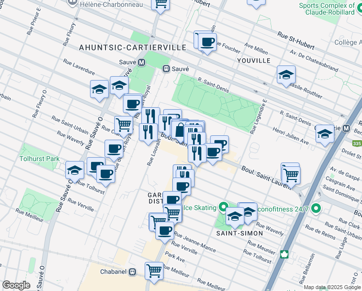 map of restaurants, bars, coffee shops, grocery stores, and more near in Montreal