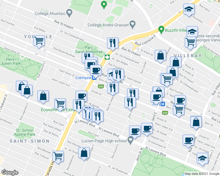 map of restaurants, bars, coffee shops, grocery stores, and more near 8549 Rue Saint-Denis in Montréal