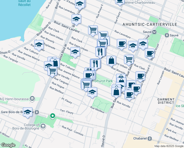 map of restaurants, bars, coffee shops, grocery stores, and more near in Montreal