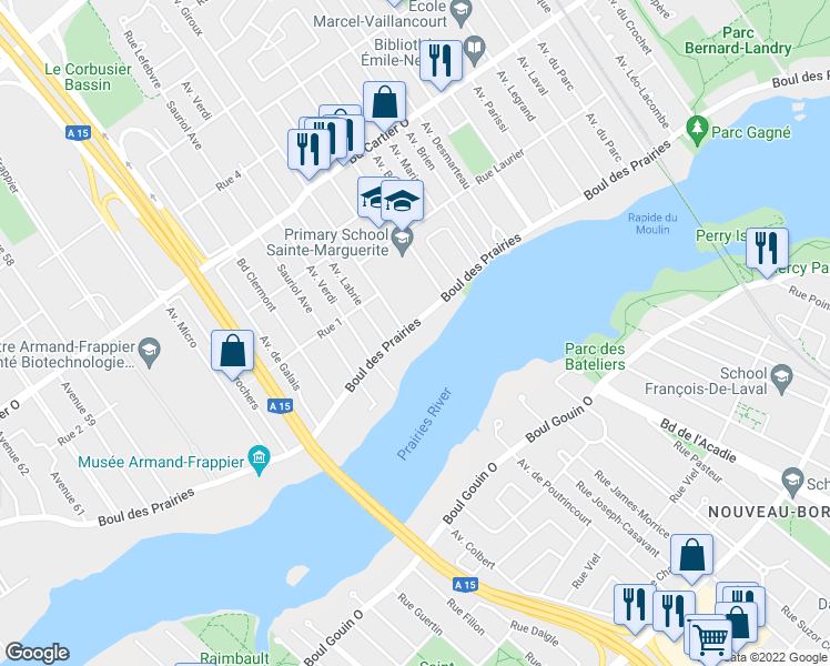 map of restaurants, bars, coffee shops, grocery stores, and more near 412 Boulevard des Prairies in Laval